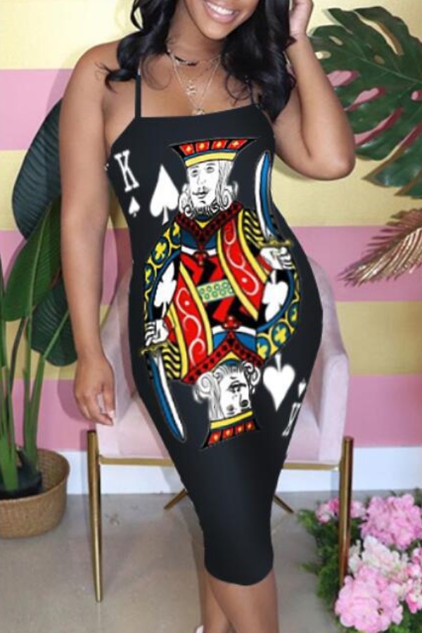 

lovely Trendy Print Black Mid Calf Dress