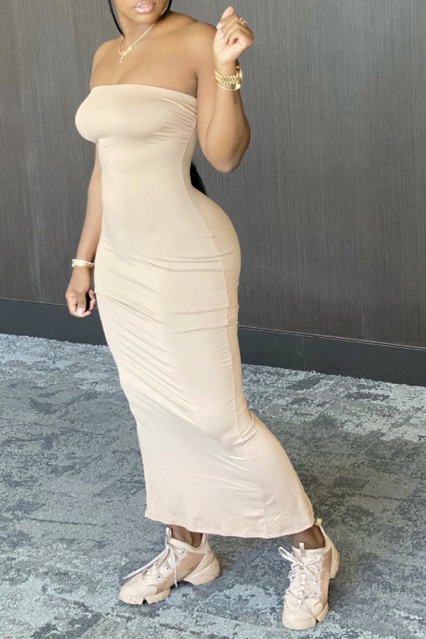 

lovely Trendy Dew Shoulder Khaki Ankle Length Dress