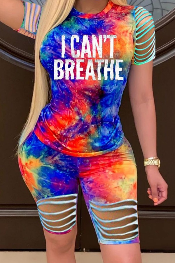

lovely Trendy O Neck Tie-dye Blue Two-piece Shorts Set