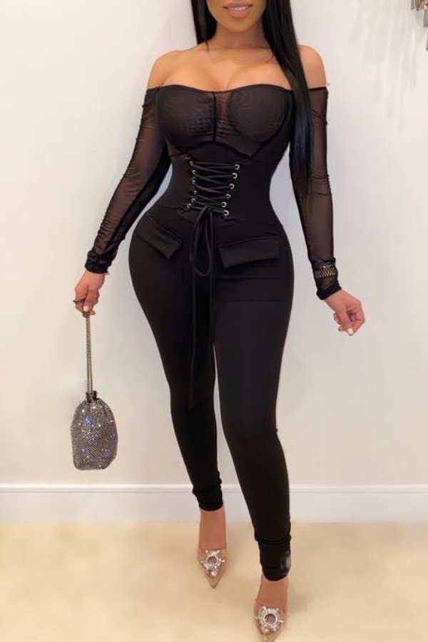 

lovely Trendy Bandage Design Black One-piece Jumpsuit