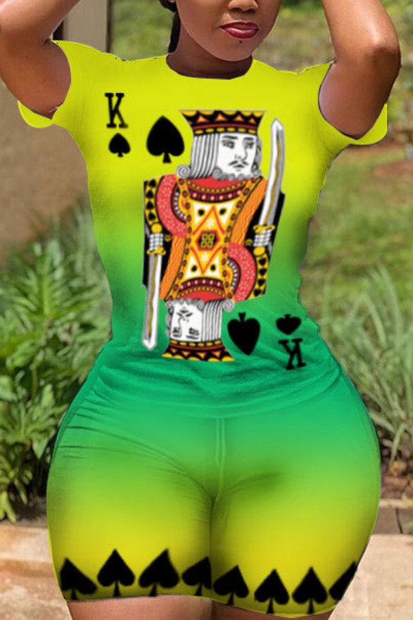 

LW Leisure Print Green Two-piece Shorts Set