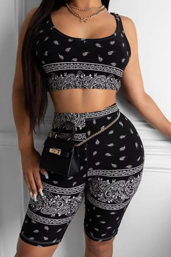 

Lovely Trendy Print Black Two-piece Shorts Set
