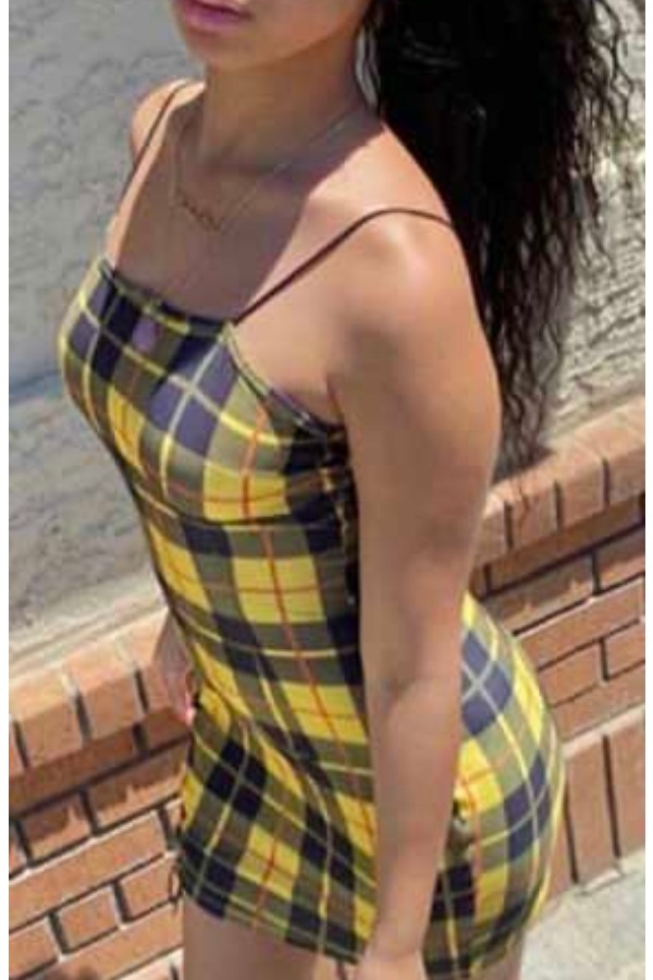 

Lovely Bohemian Grid Print Yellow One-piece Romper