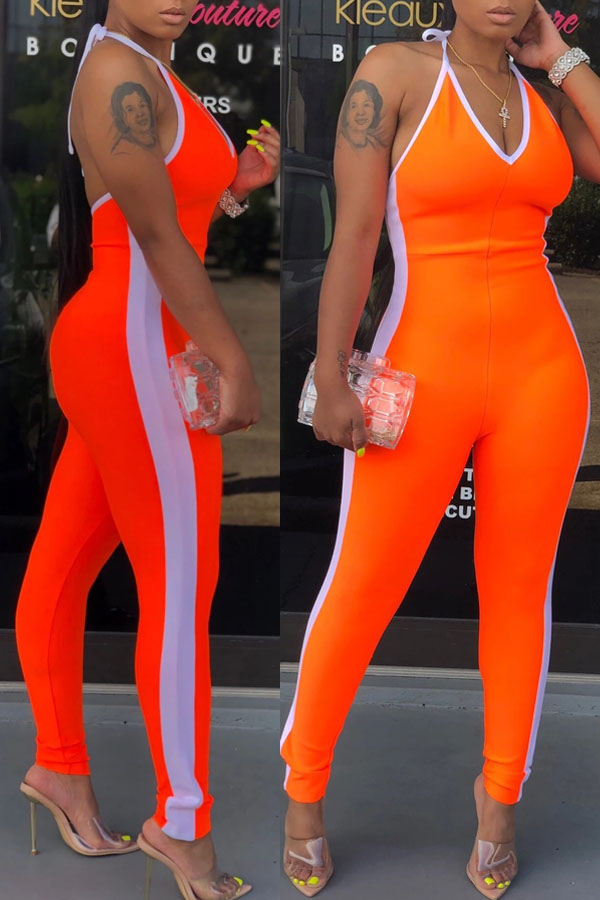 

Lovely Sportswear Patchwork Orange Two-piece Pants Set