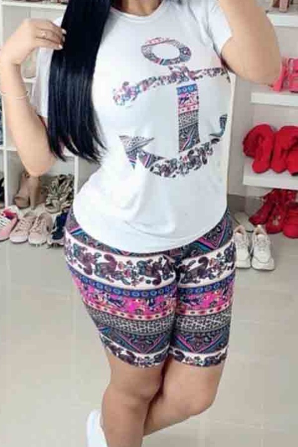

lovely Casual O Neck Print Multicolor Two-piece Shorts Set, Multi