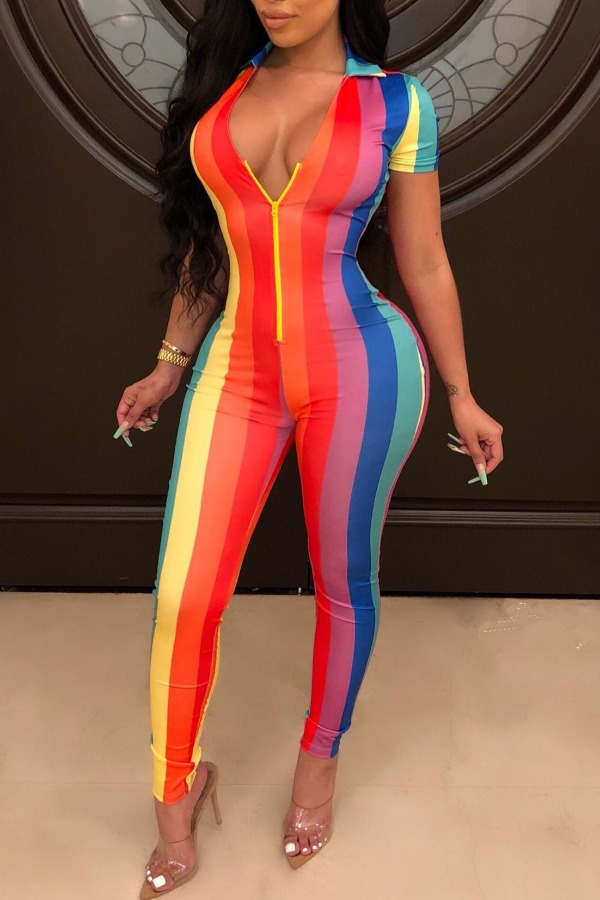 

Lovely Trendy Rainbow Striped Red One-piece Jumpsuit