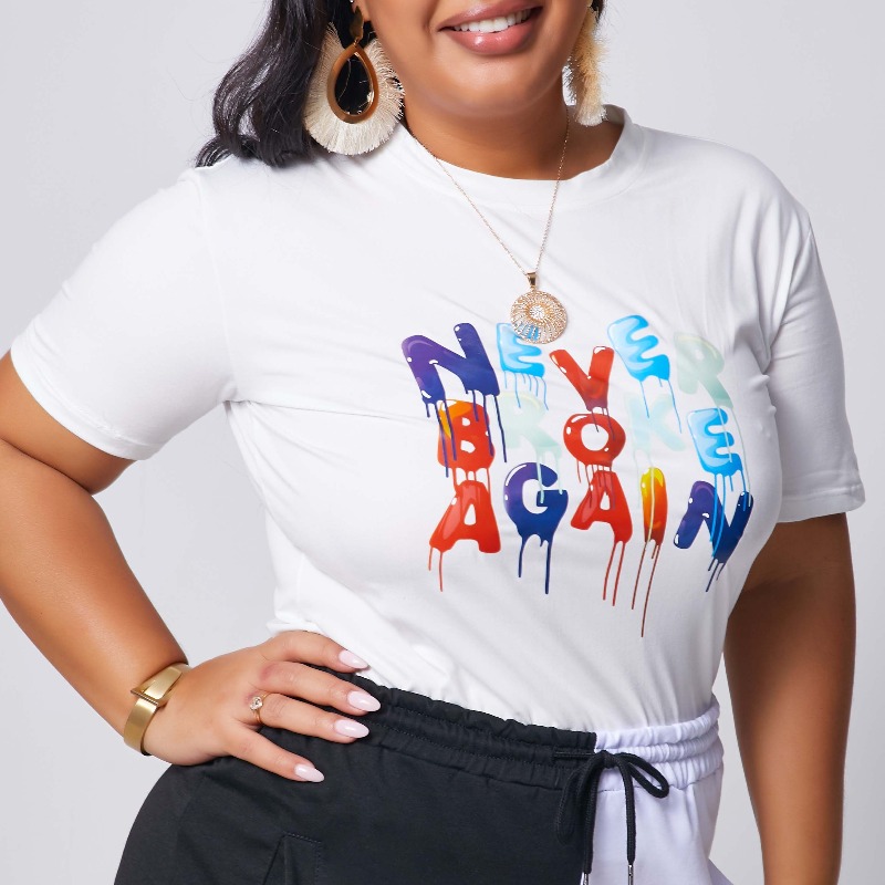 

lovely Leisure O Neck Letter Print White Plus Size T-shirt