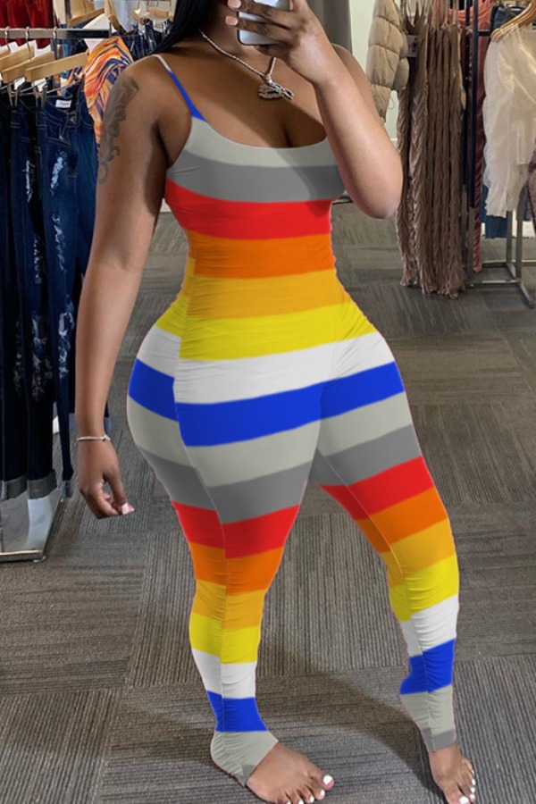 

Lovely Trendy Rainbow Striped Yellow Plus Size One-piece Jumpsuit