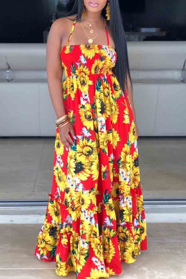 

lovely Bohemian Sunflower Print Red Maxi Plus Size Dress