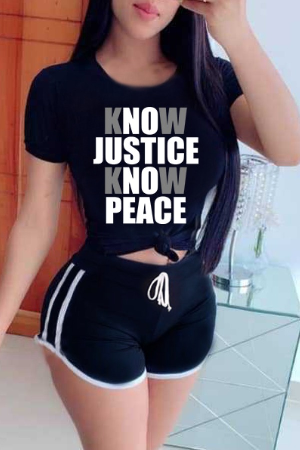 

lovely Leisure O Neck Letter Print Black Two-piece Shorts Set