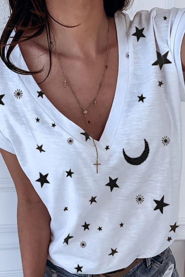 

lovely Casual V Neck Print White T-shirt