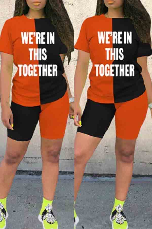 

lovely Casual Letter Patchwork Orange Two-piece Shorts Se