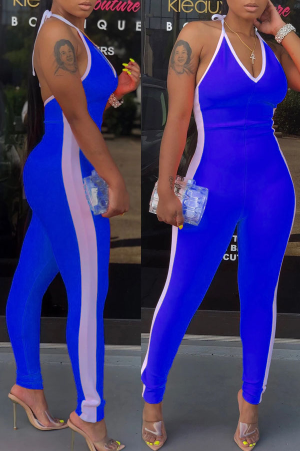 

Lovely Sportswear Patchwork Blue Two-piece Pants Set