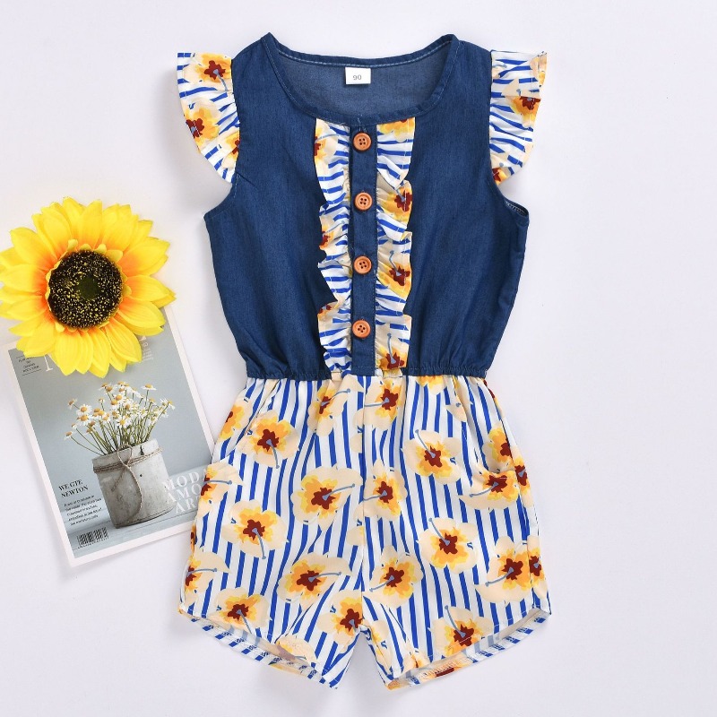 

lovely Trendy Floral Print Deep Blue Girl One-piece Romper