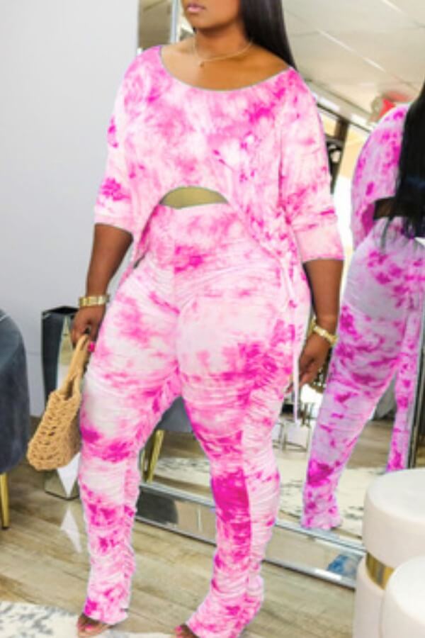 

Lovely Casual Tie Dye Asymmetrical Pink Two Piece Pants Set