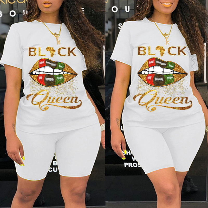 

Lovely Casual Lip Print White Plus Size Two-piece Shorts Set