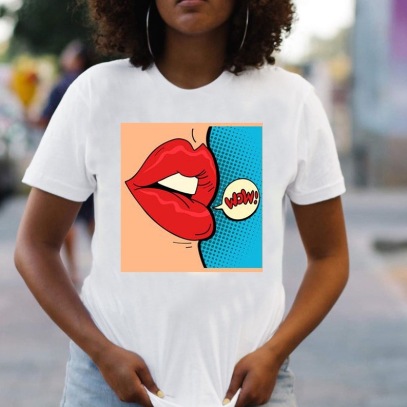 

lovely Casual O Neck Lip Print Skyblue T-shirt