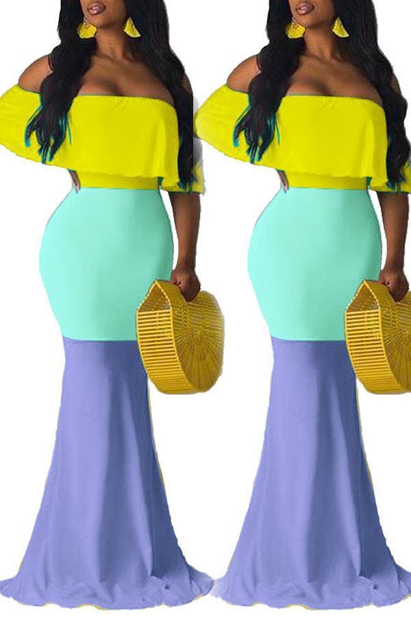 

lovely Temperament Color-lump Patchwork Yellow Maxi Dress