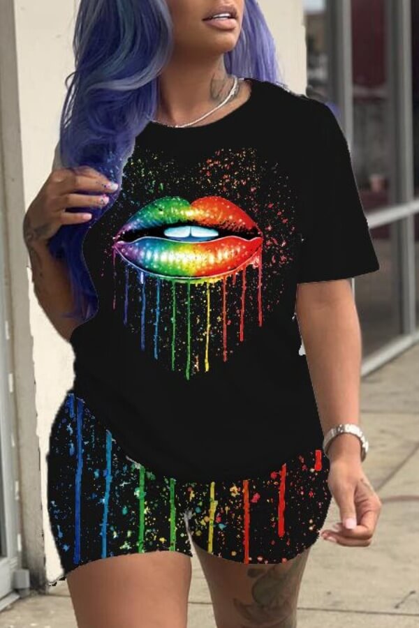 

Lovely Casual Lip Print Black Two-piece Shorts Set