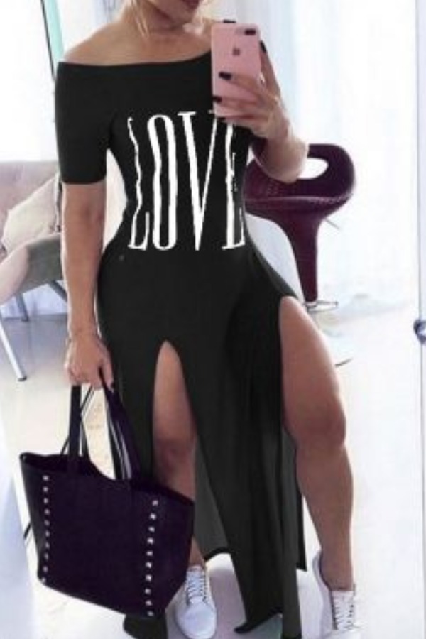 

Lovely Casual Letter Side High Slit Black Maxi Dress