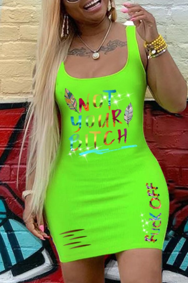 

lovely Leisure Letter Print Green Mini Dress