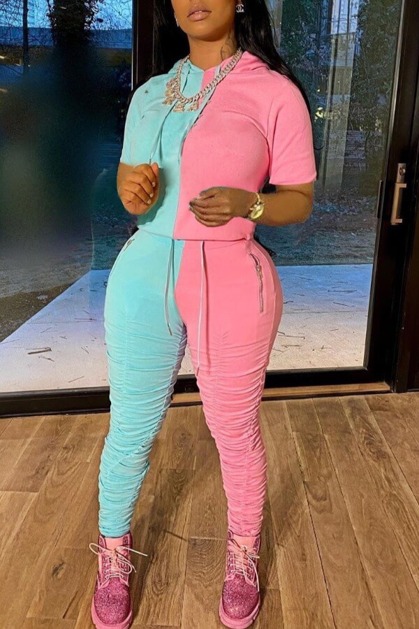 

lovely Leisure Fold Design Patchwork Pink Two-piece Pants Set