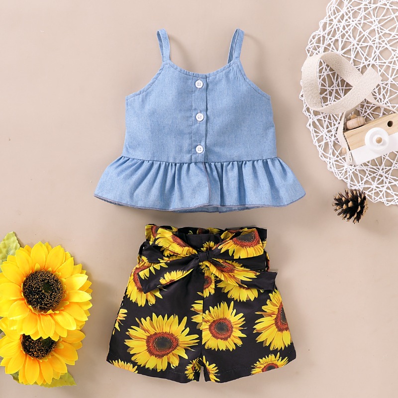 

lovely Sweet Print Baby Blue Girl Two-piece Shorts Set