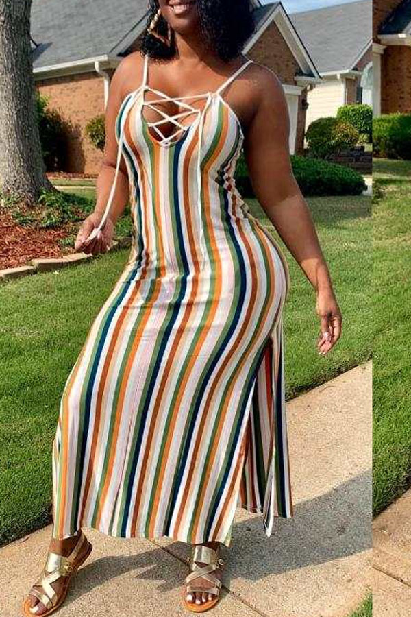 

lovely Sexy Striped Multicolor Ankle Length Dress, Multicolor stripe