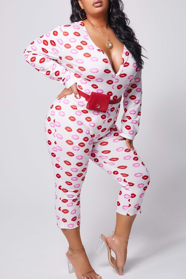 

lovely Casual Lip Print White Plus Size One-piece Jumpsuit