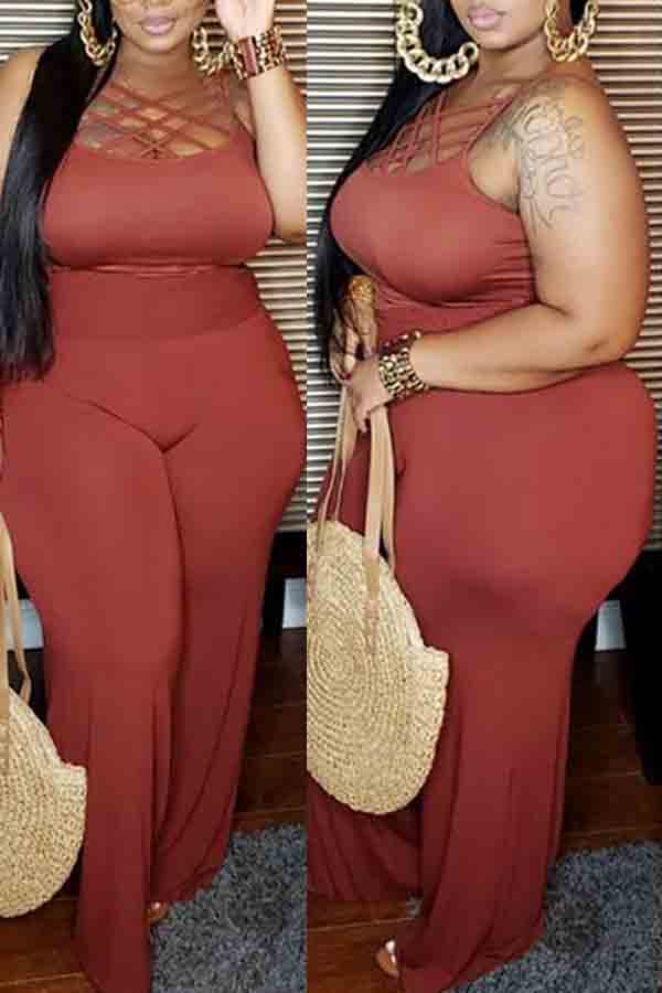 

lovely Trendy Hollow-out Wine Red Plus Size One-piece Jumpsuit