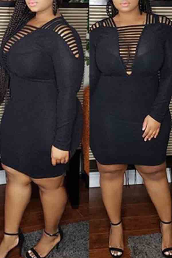 

Lovely Trendy Hollow-out Black Plus Size Dress