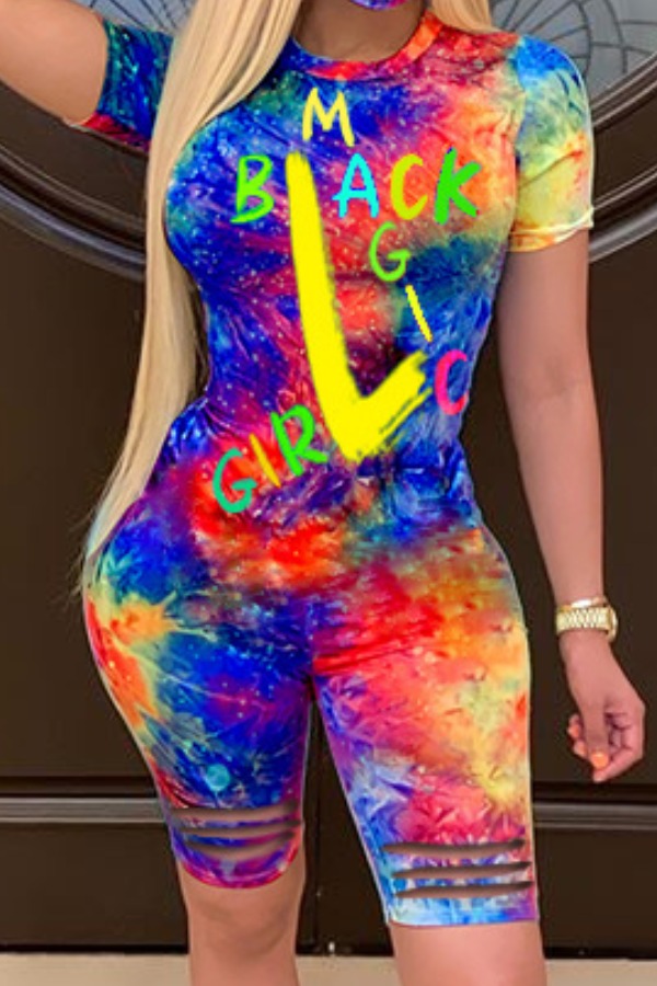 

lovely Trendy Tie-dye Blue Plus Size One-piece Romper