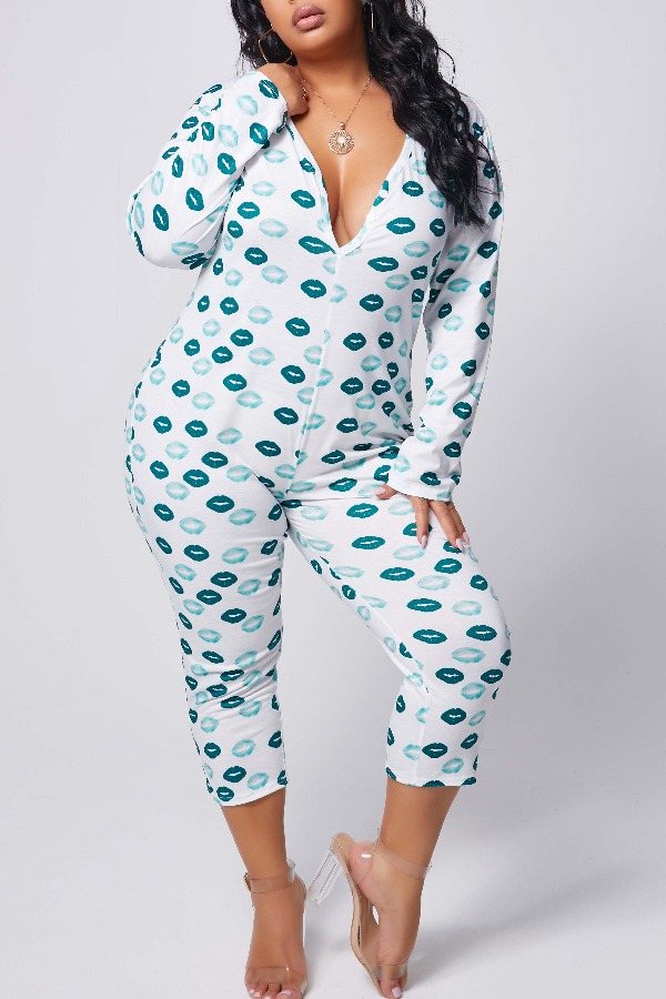 

lovely Casual Lip Print Army Green Plus Size One-piece Jumpsuit