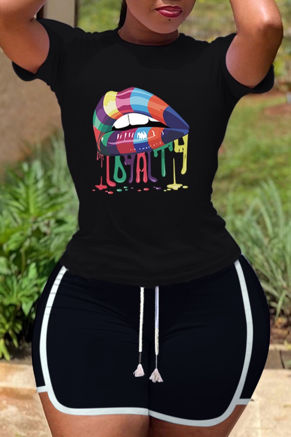 

lovely Sportswear O Neck Print Black Two-piece Shorts Set