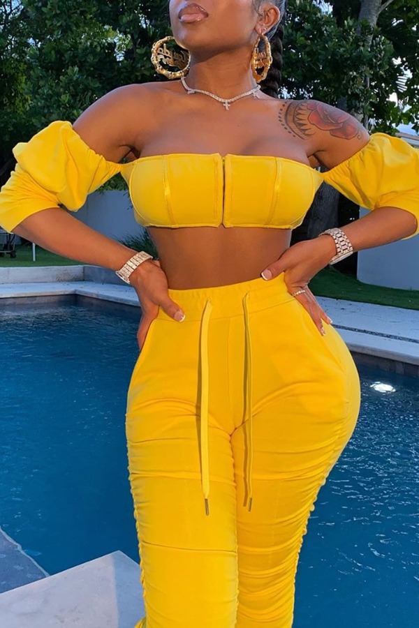 

lovely Stylish Dew Shoulder Fold Design Yellow Two-piece Pants Set