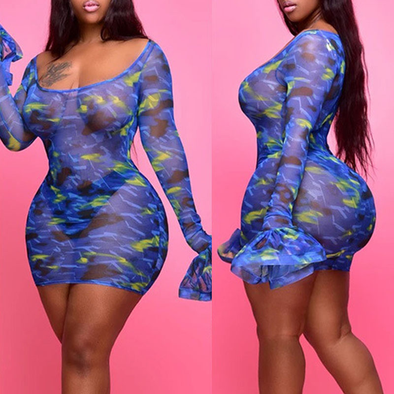 

lovely Sexy Print See-through Blue Mini Dress
