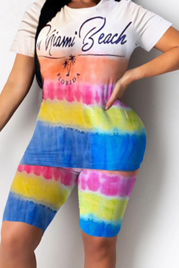 

lovely Leisure O Neck Tie-dye Blue Two-piece Shorts Set