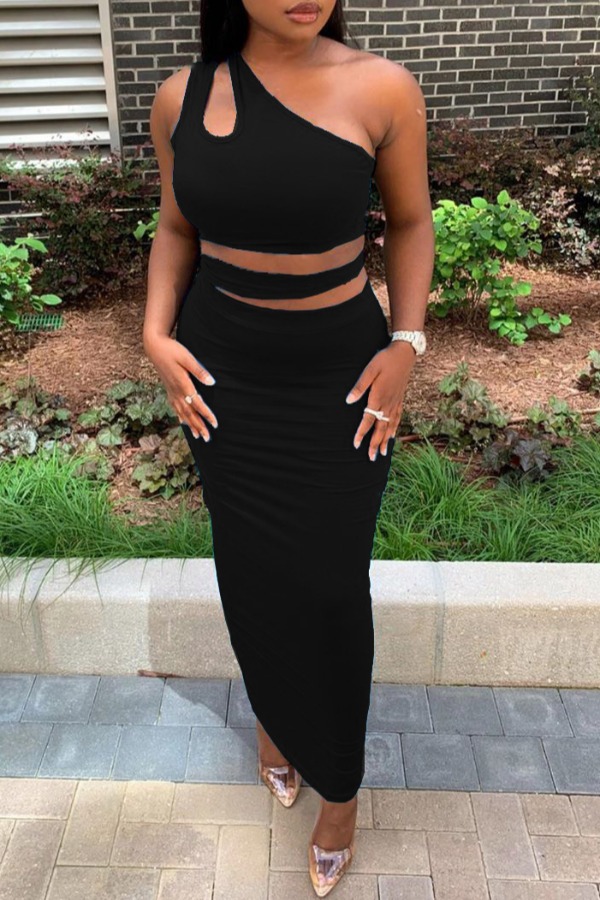 

lovely Trendy One Shoulder Black Two-piece Skirt Set