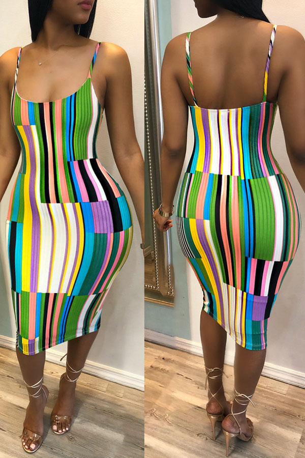 

lovely Stylish Striped Print Multicolor Mid Calf Plus Size Dress, Multi
