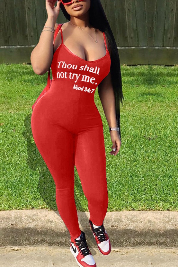 

lovely Casual Spaghetti Strap Letter Print Bright Red One-piece Jumpsuit