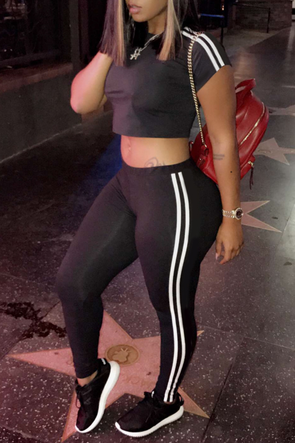 

lovely Sportswear Patchwork Black Two-piece Pants Set