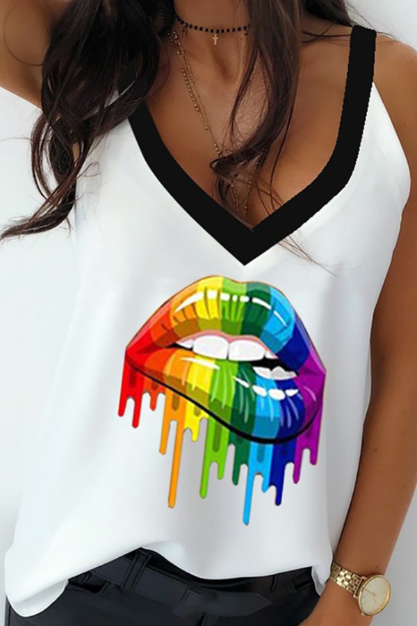 

lovely Casual Lip Print White Camisole