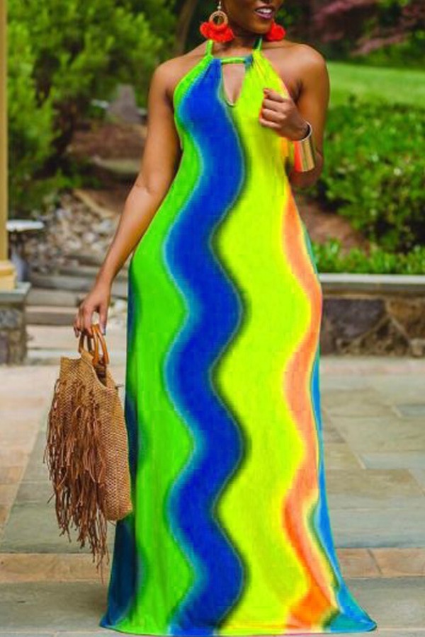 

lovely Bohemian Striped Print Blue Maxi Dress