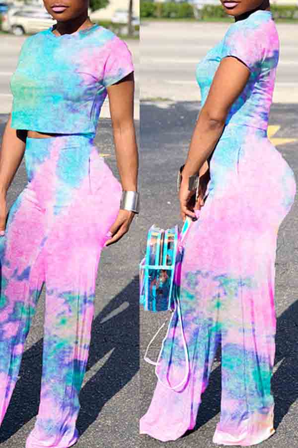 

lovely Trendy O Neck Tie-dye Baby Blue Two-piece Pants Set