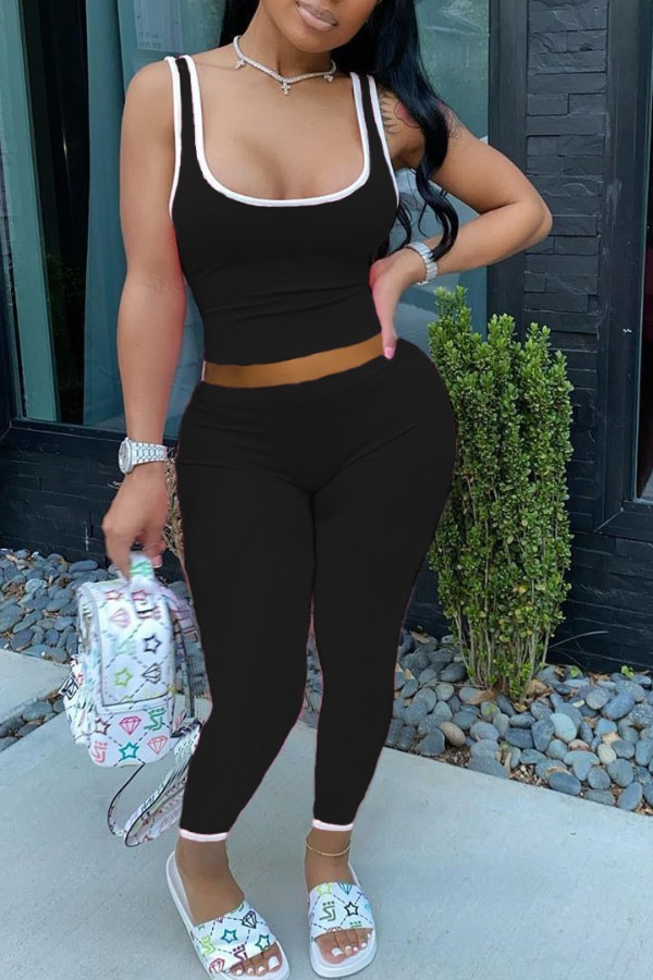

lovely Sportswear Patchwork Black Two-piece Pants Set