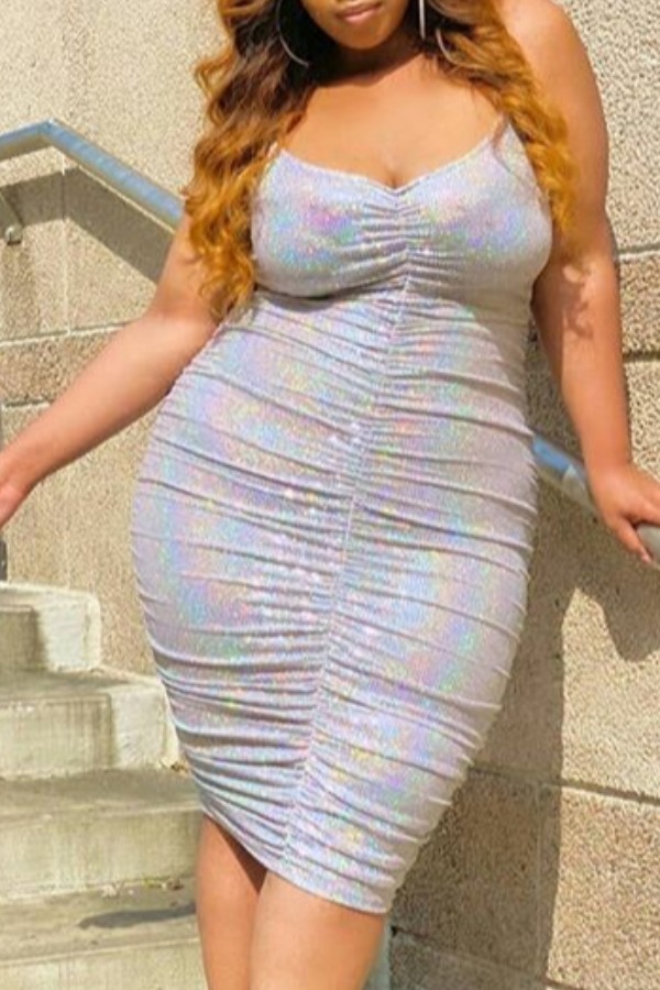 

lovely Sexy Fold Design Silver Knee Length Plus Size Dress