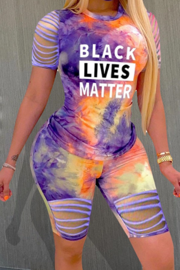 

lovely Casual O Neck Tie-dye Purple Plus Size Two-piece Shorts Set