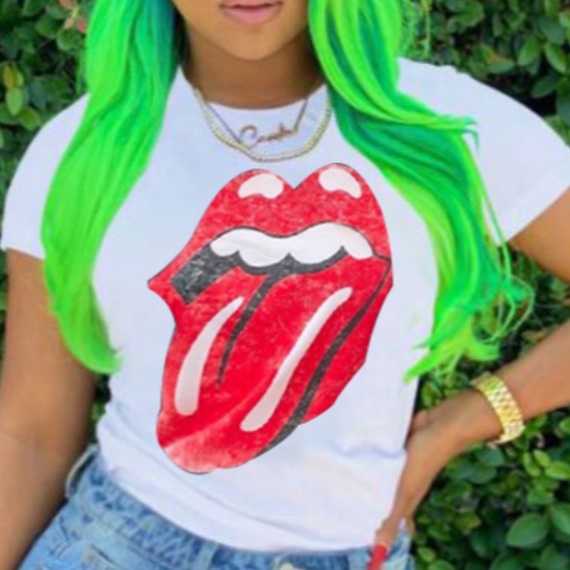 

lovely Casual O Neck Lip Print White T-shirt