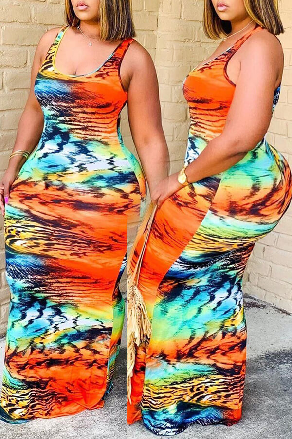 

LW Plus Size Bohemian U Neck Print Croci Maxi Dress