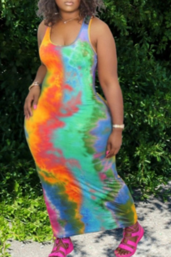 

Lovely Street U Neck Tie-dye Blue Ankle Length Plus Size Dress
